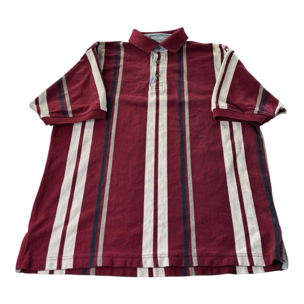 Cambridge Classics Men's Medium Striped Polo Shirt Burgundy Cotton Rugby Style